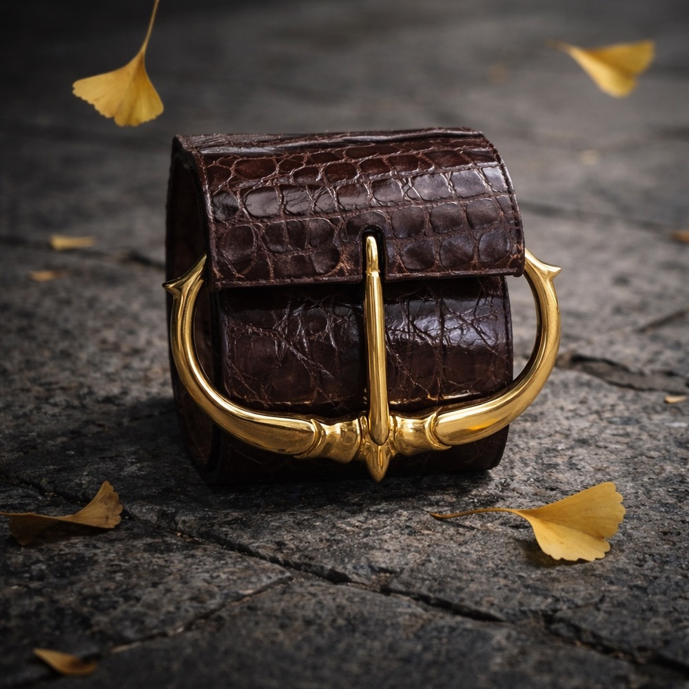 Luxurious Crocodile skin Brown Belt with Gold Buckle